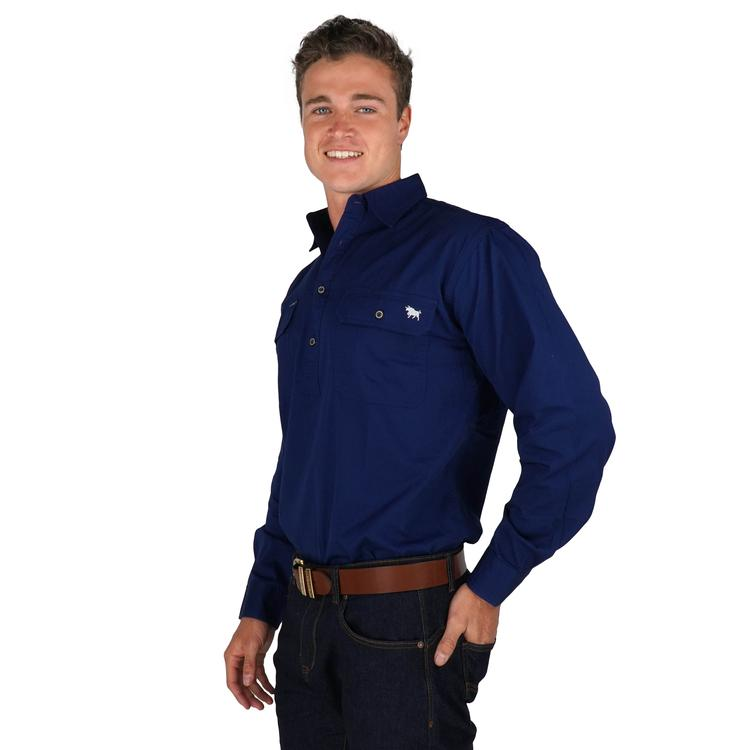 King River Navy Half button Work Shirt 