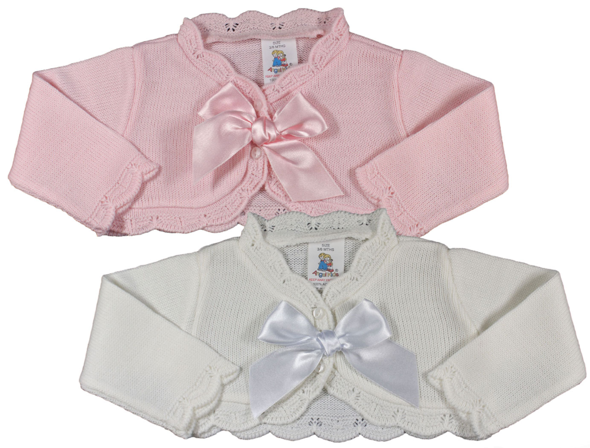 Baby bolero cardigan BOWS girls spanish style christening wedding 0-3 MONTHS WHITE WITH PINK BOWS