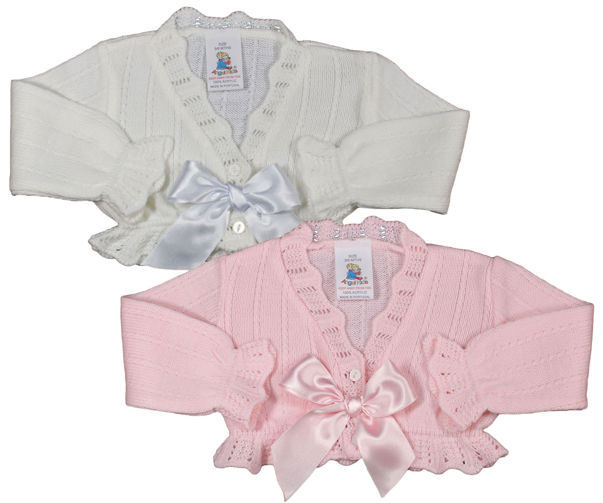 Baby bolero cardigan BOWS girls spanish style christening wedding 0-3 MONTHS WHITE WITH PINK BOWS