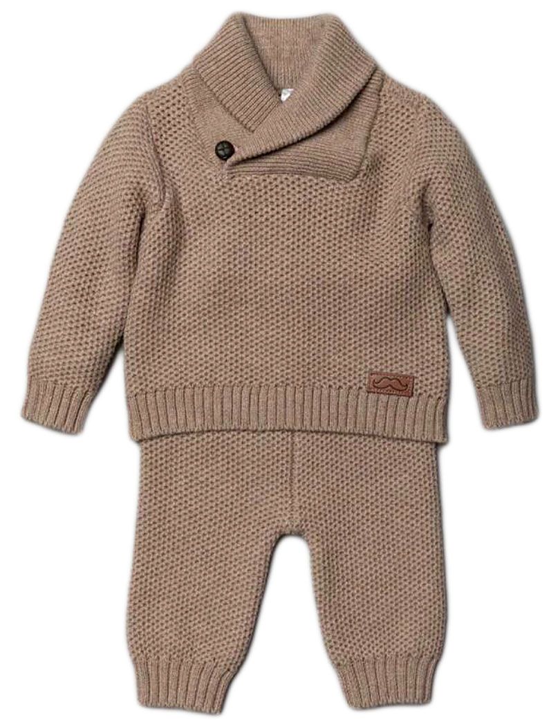 Baby Boy Knitted Outfit Set Cotton Traditional Shawl Collar Sweater Jumper Pants