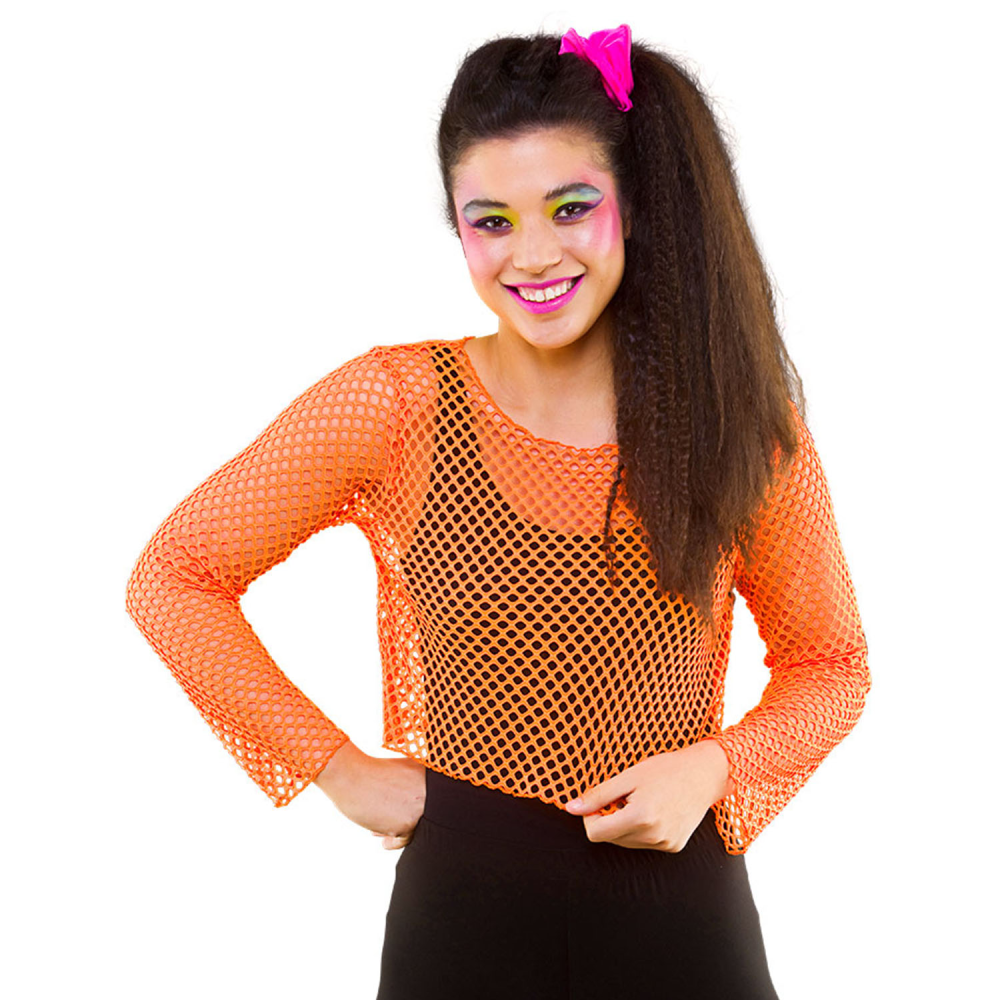 1980s Neon Orange Long Sleeved Fishnet Top Tight Bright Call on Me Rave Clothing